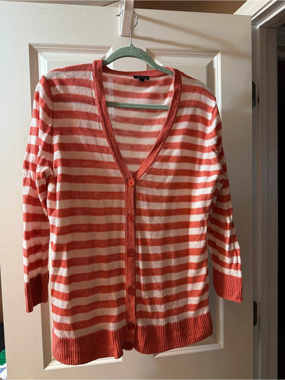 Talbots Striped V-Neck Button Cardigan - Coral & Cream